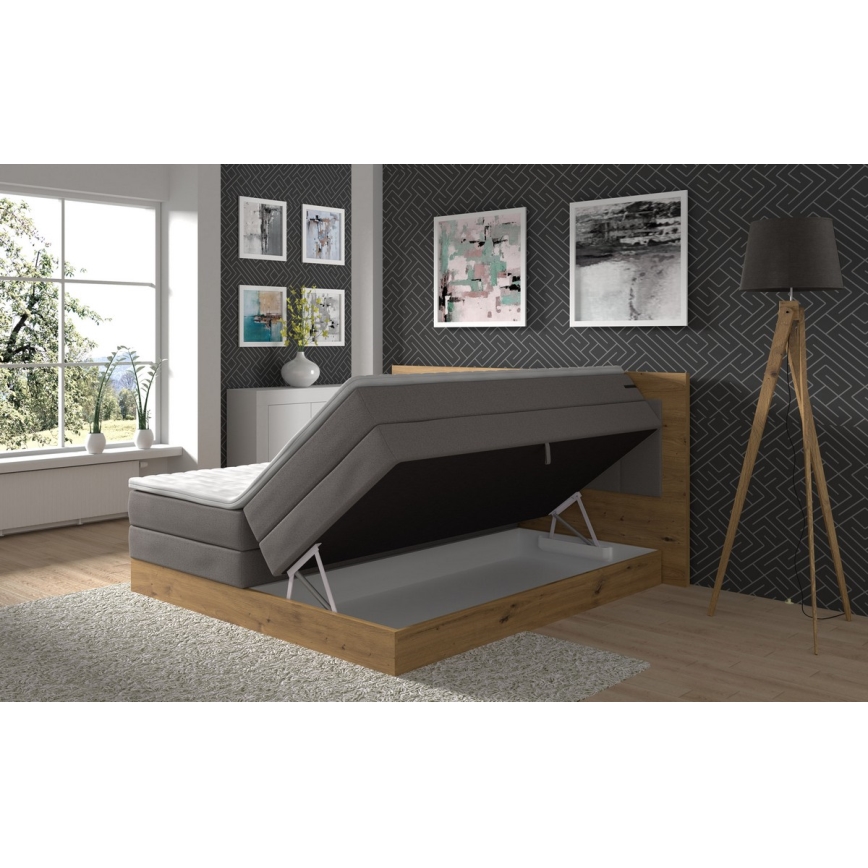 Cama boxspring con colchones, topper y espacio de almacenamiento JASMINE 180x200 cm gris