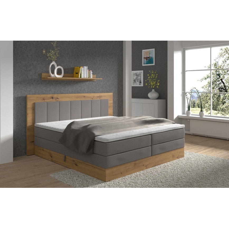 Cama boxspring JASMINE 180x200 cm con colchones, sobrecolchón y arcón de almacenamiento, gris