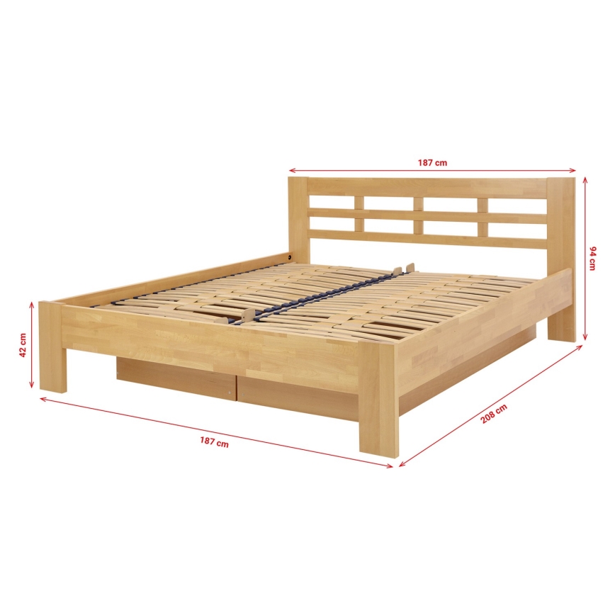 Cama doble de madera maciza con espacio de almacenamiento ANGELA 180x200 cm haya
