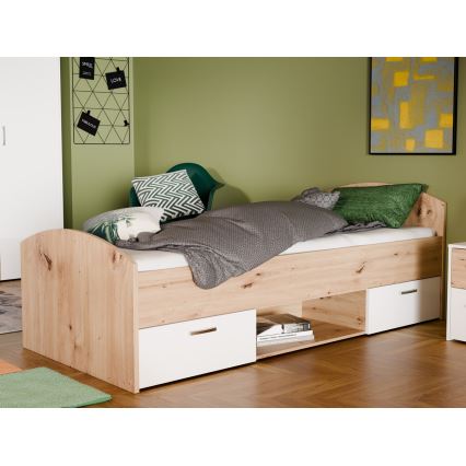 Cama individual con almacenamiento URO 90x200 cm, acabado roble artisan/blanco