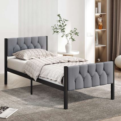 Cama individual metálica KAROM 90x200 cm, color gris, resistente hasta 120 kg