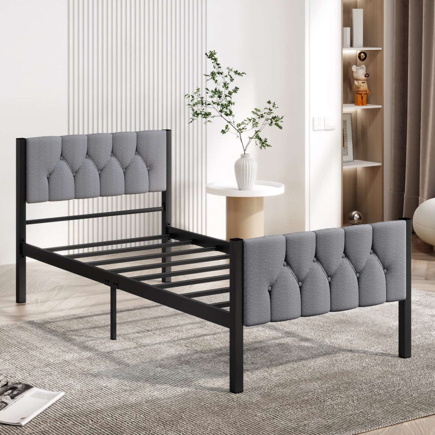 Cama individual metálica KAROM 90x200 cm, color gris, resistente hasta 120 kg