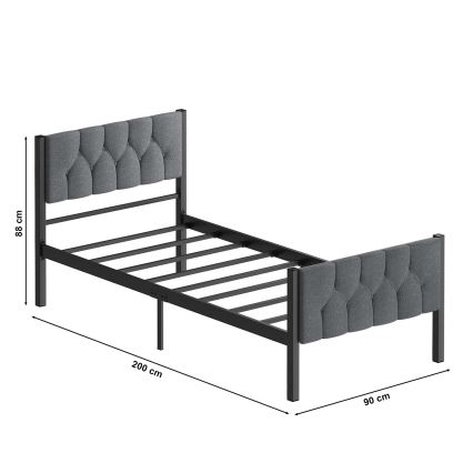 Cama individual metálica KAROM 90x200 cm, color gris, resistente hasta 120 kg
