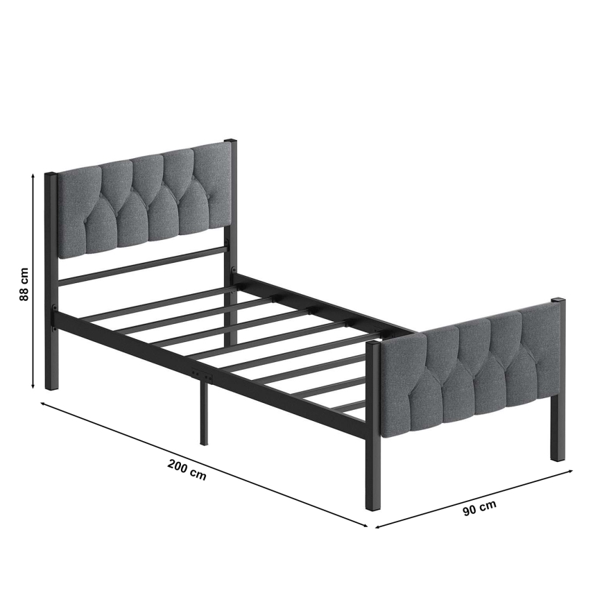 Cama individual metálica KAROM 90x200 cm, color gris, resistente hasta 120 kg