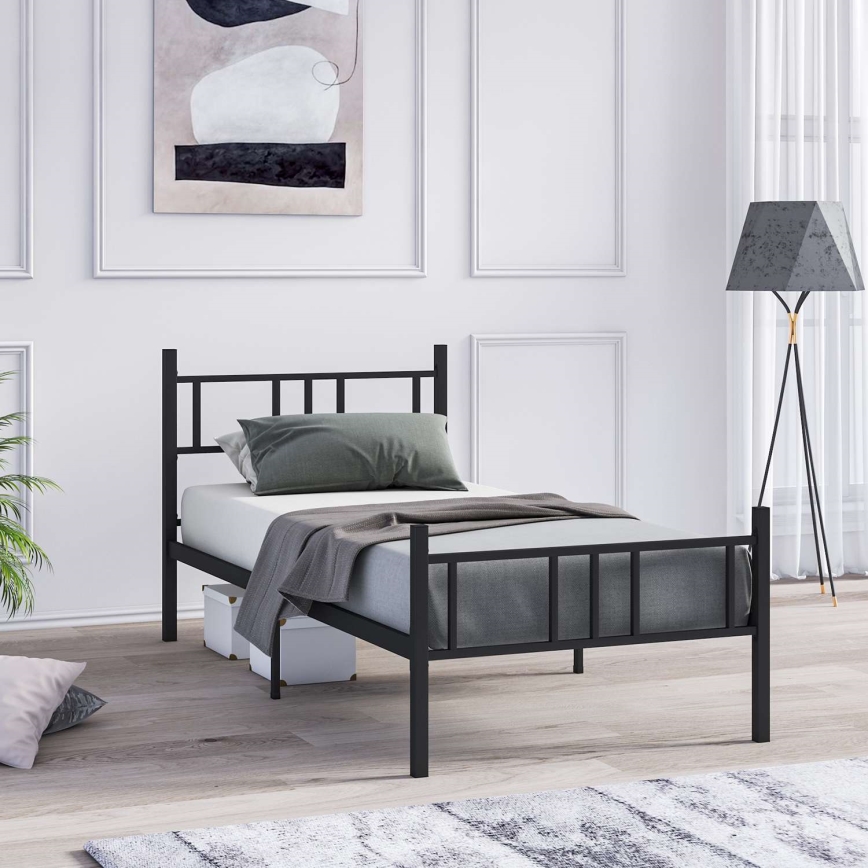 Cama individual metálica PIRON 90 x 200 cm, color negro — capacidad de carga 120 kg