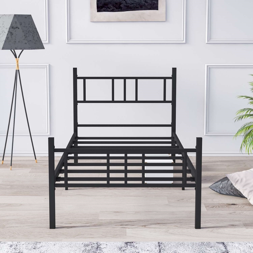 Cama individual metálica PIRON 90 x 200 cm, color negro — capacidad de carga 120 kg