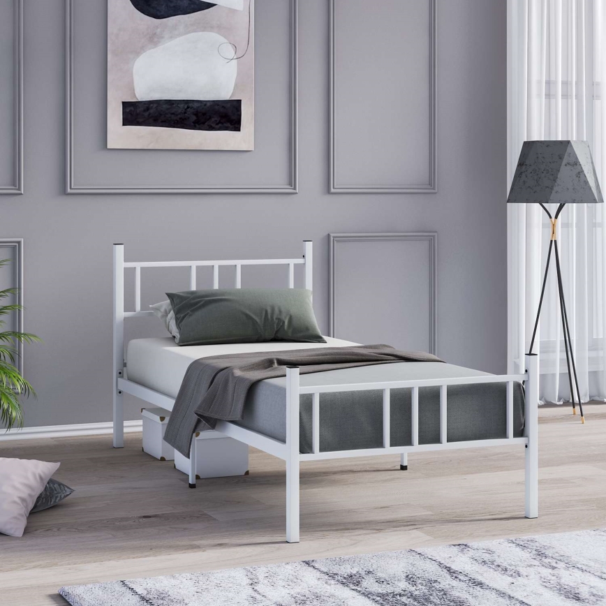 Cama individual metálica PIRON 90x200 cm, blanca, capacidad de carga 120 kg
