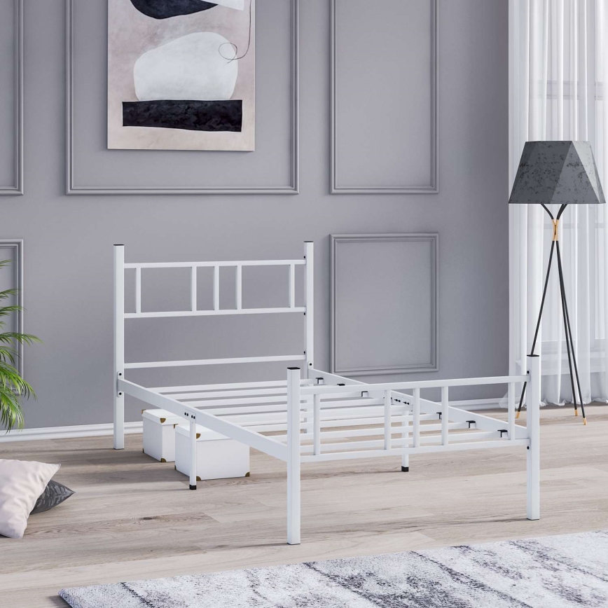 Cama individual metálica PIRON 90x200 cm, blanca, capacidad de carga 120 kg