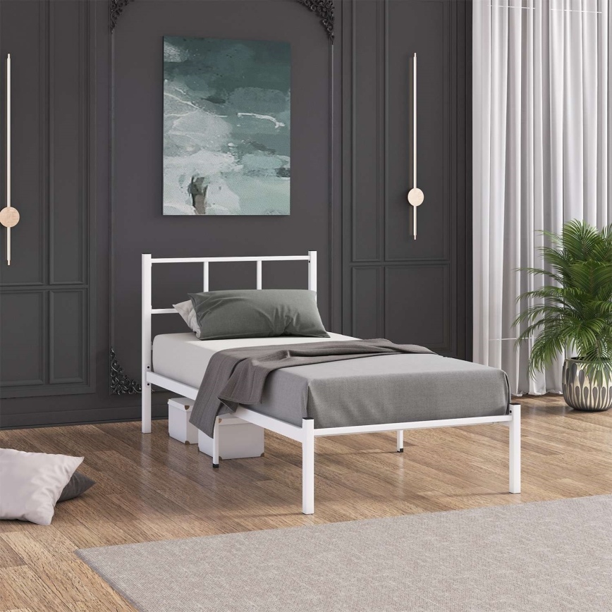 Cama individual metálica ROVAN 90x200 cm, blanca, capacidad de carga 120 kg