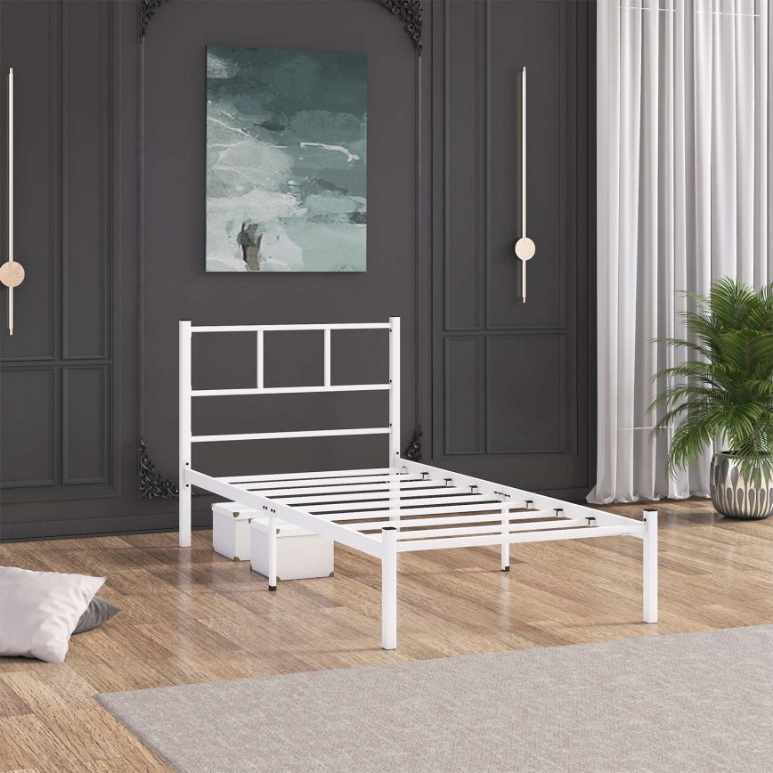 Cama individual metálica ROVAN 90x200 cm, blanca, capacidad de carga 120 kg
