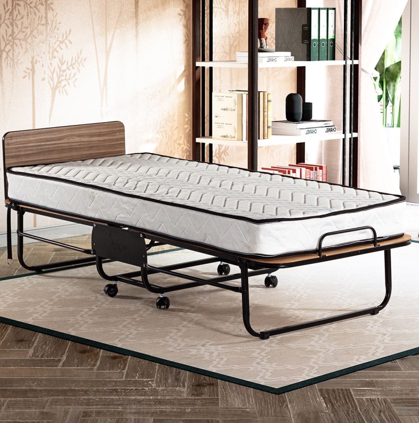 Cama individual plegable de metal con colchón HERON 80x190 cm, blanca, capacidad de carga 120 kg