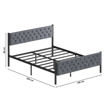 Cama metálica doble KAROM 140x200 cm, gris — carga máxima 200 kg