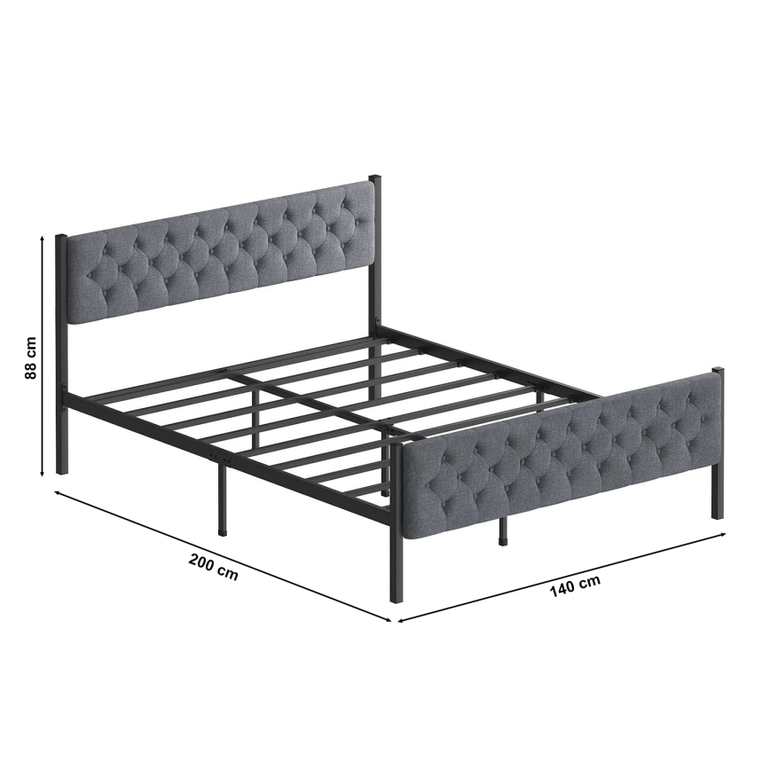 Cama metálica doble KAROM 140x200 cm, gris — carga máxima 200 kg