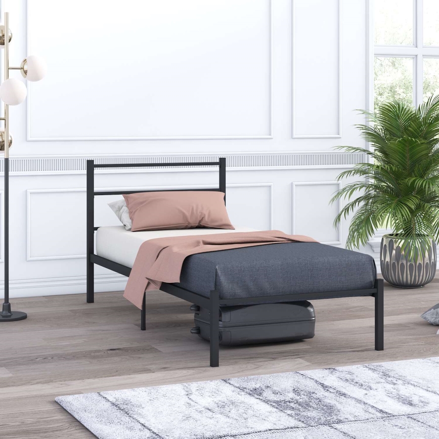 Cama metálica individual FERON 90x200 cm, negra — capacidad de carga máxima 120 kg