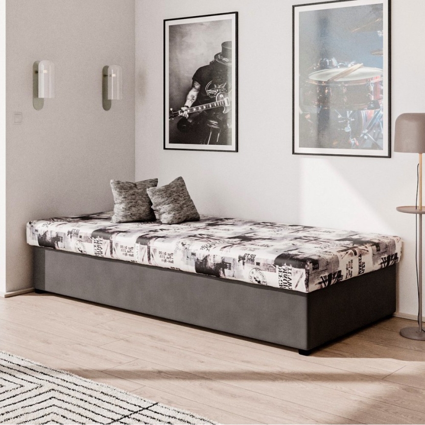 Cama NOE 90x200 con colchón de muelles y arcón, gris/negro