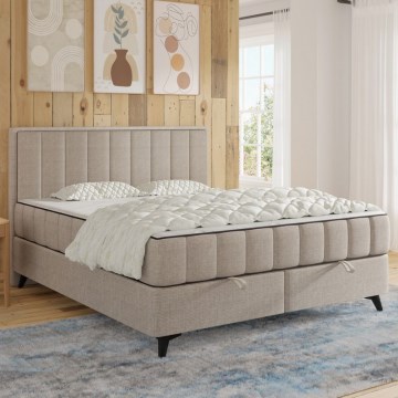 Cama tapizada ALICIA 140x200 cm con colchones, sobrecolchón y arcón de almacenamiento integrado, color beige