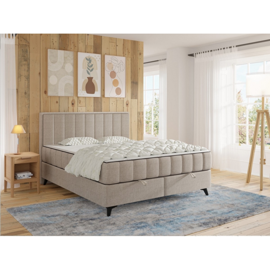 Cama tapizada con colchones y topper con espacio de almacenamiento ALICIA 180x200 cm beige