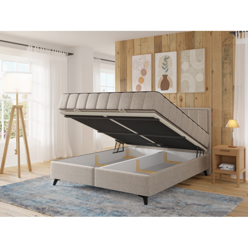 Cama tapizada con colchones y topper con espacio de almacenamiento ALICIA 180x200 cm beige