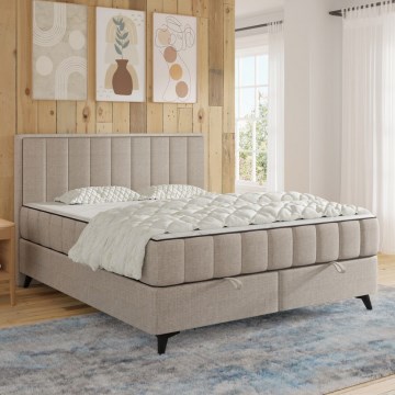 Cama tapizada ALICIA 180x200 cm con colchones, sobrecolchón y espacio de almacenamiento, beige
