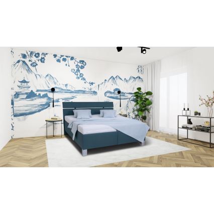 Cama tapizada ALIS 160x200 cm con colchón y práctico espacio de almacenamiento en azul petróleo