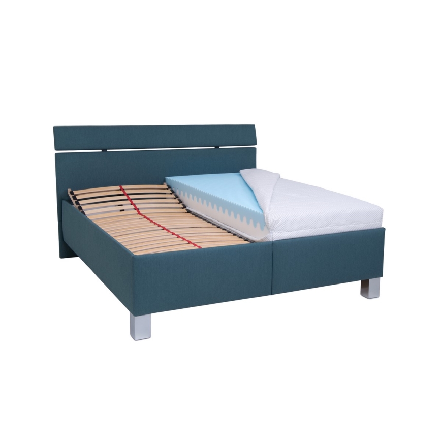 Cama tapizada ALIS 160x200 cm con colchón y práctico espacio de almacenamiento en azul petróleo