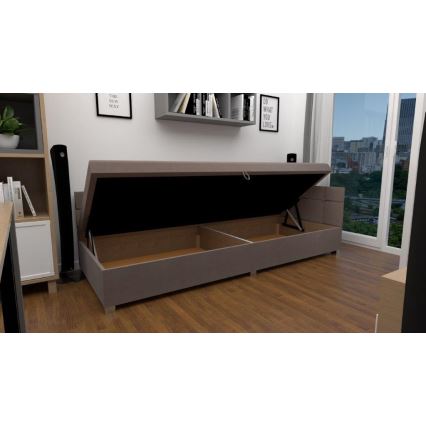 Cama tapizada AMSTERDAM 90x200 cm con cabecero reversible y amplio espacio de almacenamiento, beige