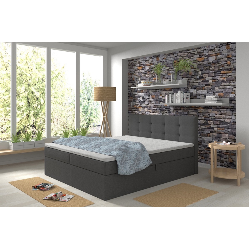 Cama tapizada con colchones y topper con espacio de almacenamiento EMBER 160x200 cm antracita