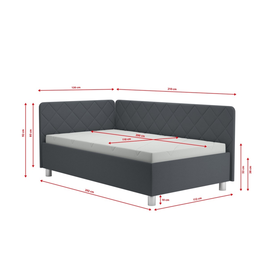 Cama tapizada con espacio de almacenamiento y colchón EMILE 110x200 cm gris