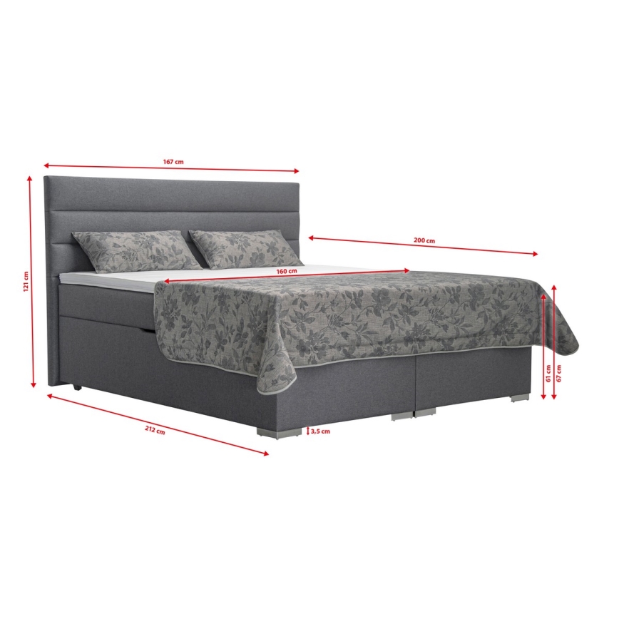 Cama tapizada con espacio de almacenamiento y colchones con sobrecolchón NEW BOLERO 160x200 cm gris