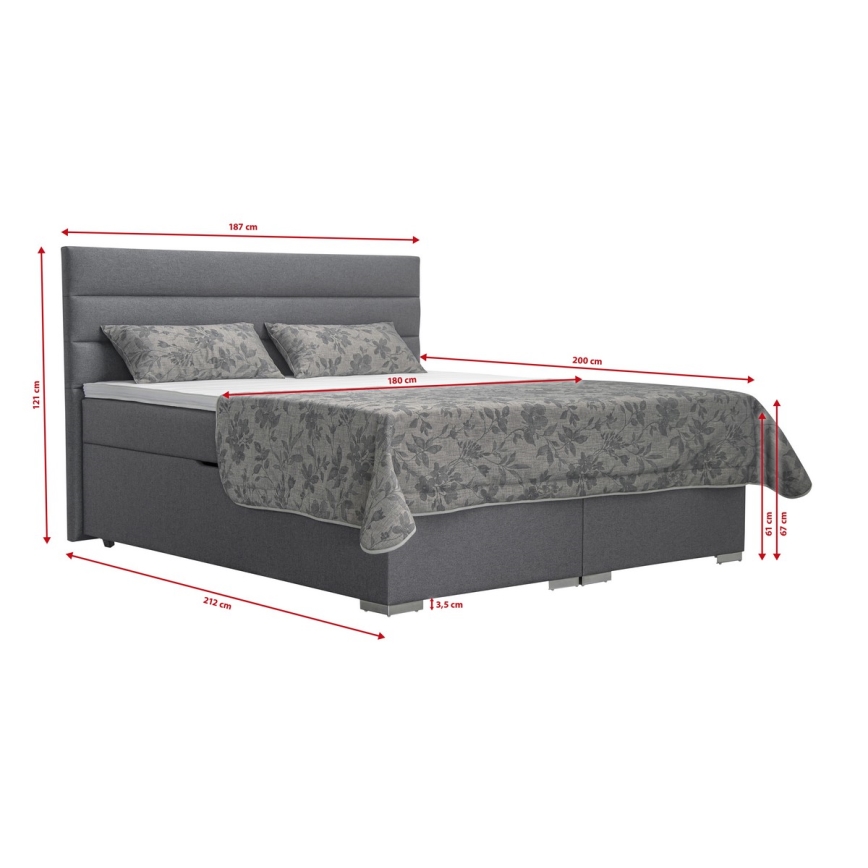 Cama tapizada con un espacio de almacenamiento y colchón con topper NEW BOLERO 180x200 cm gris