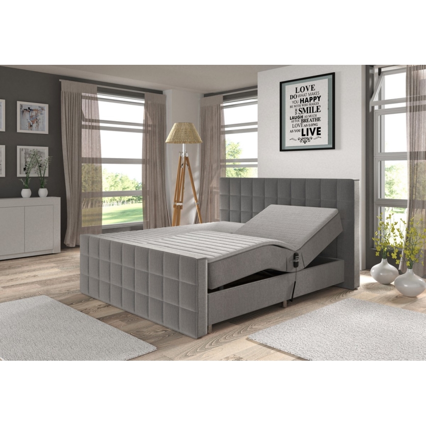 Cama tapizada eléctrica ajustable HELEN 180x200 cm, con colchones y topper, gris