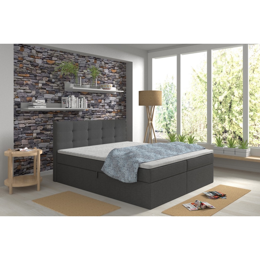 Cama tapizada con colchones y topper con espacio de almacenamiento EMBER 160x200 cm antracita