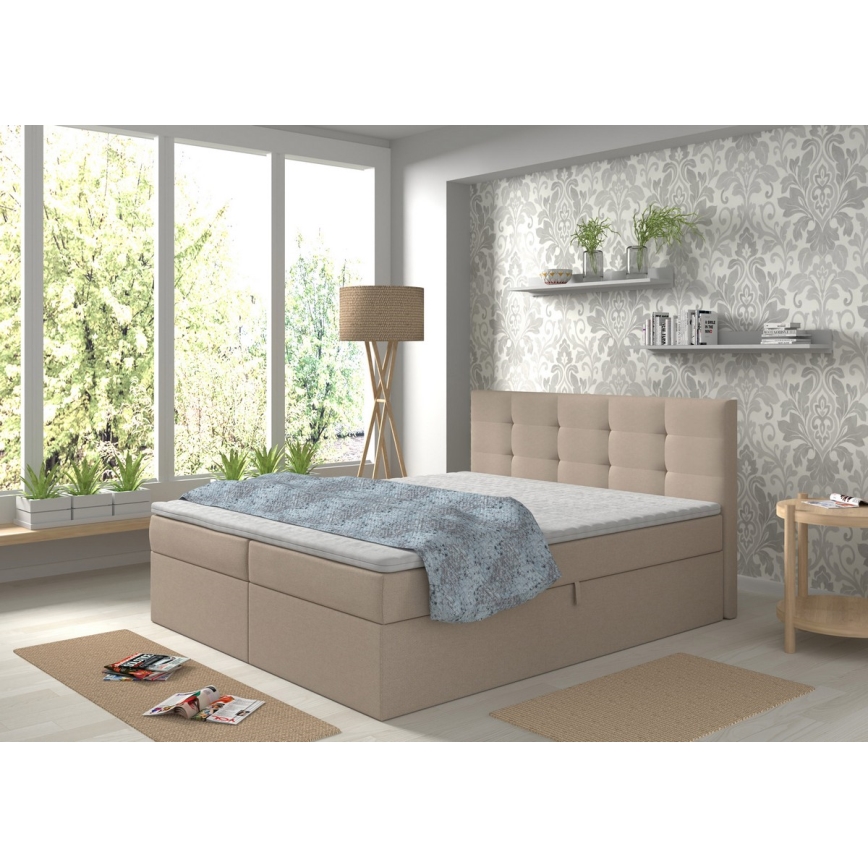Cama tapizada con colchones y topper con espacio de almacenamiento EMBER 160x200 cm beige