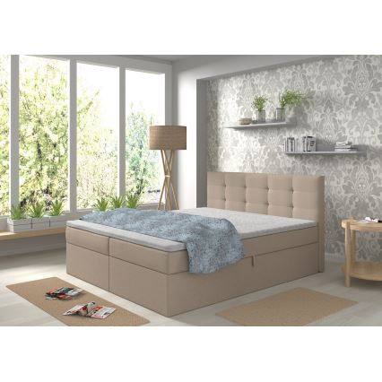 Cama tapizada con colchones y topper con espacio de almacenamiento EMBER 180x200 cm beige