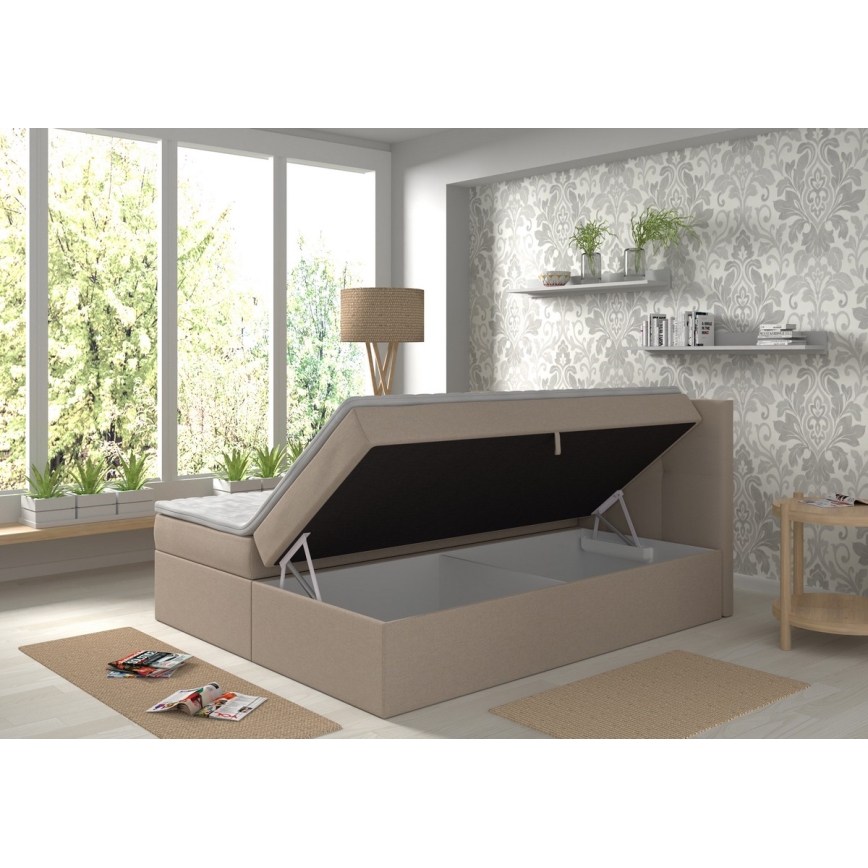 Cama tapizada con colchones y topper con espacio de almacenamiento EMBER 180x200 cm beige
