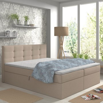Cama tapizada EMBER 180x200 cm con colchones, sobrecolchón y almacenamiento integrado, beige