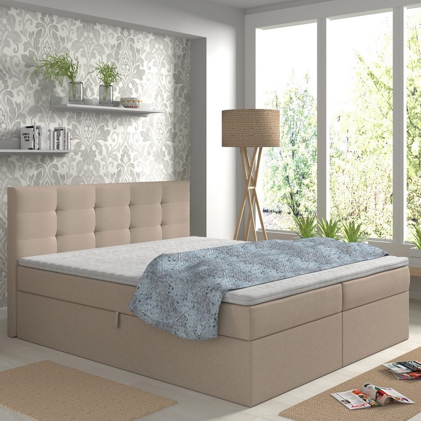 Cama tapizada EMBER 180x200 cm con colchones, sobrecolchón y almacenamiento integrado, beige