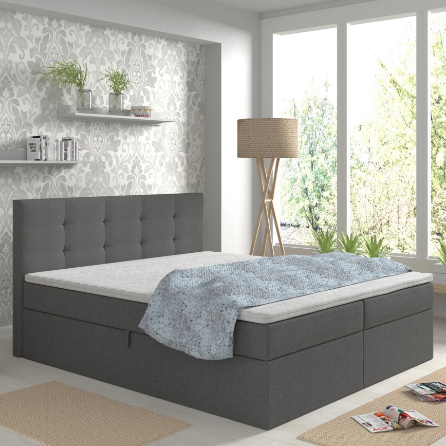 Cama tapizada EMBER 180x200 cm con colchones, sobrecolchón y almacenamiento integrado — antracita