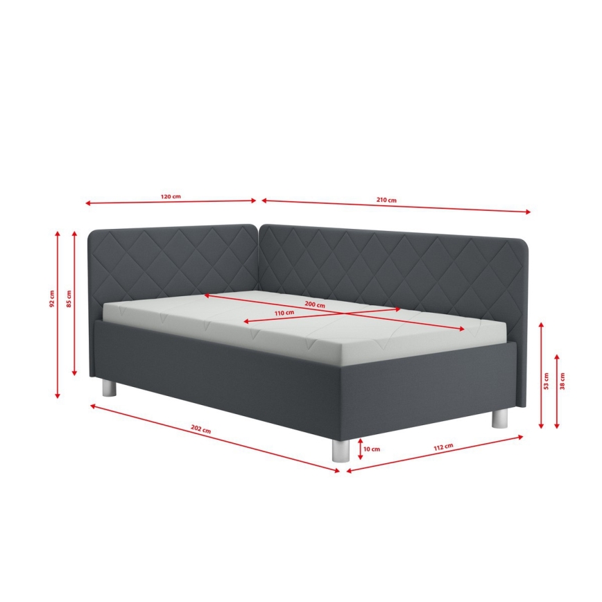 Cama tapizada EMILE 110x200 cm con almacenamiento y colchón, gris