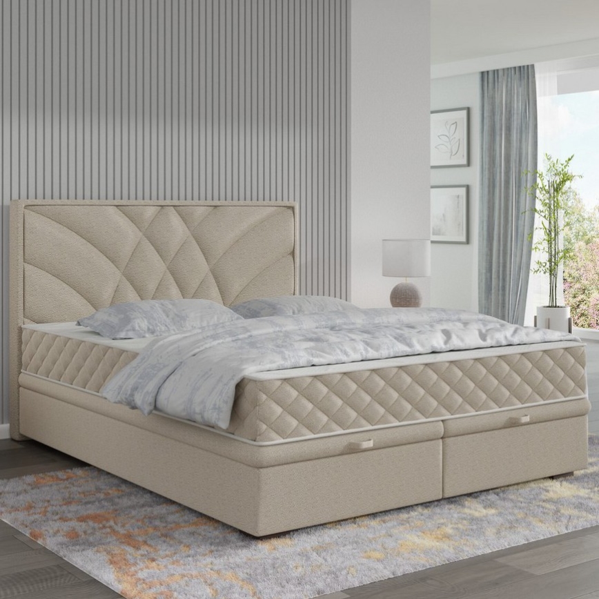 Cama tapizada GINA 160x200 cm con colchones y arcón, beige