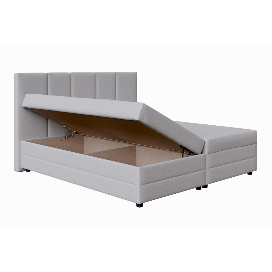 Cama tapizada ISABEL 180x200 gris claro con colchón de muelles y práctico arcón de almacenamiento