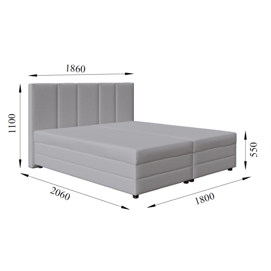 Cama tapizada ISABEL 180x200 gris claro con colchón de muelles y práctico arcón de almacenamiento
