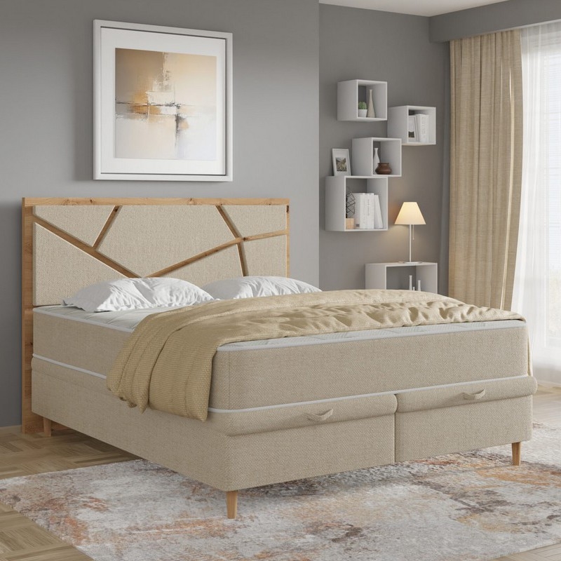 Cama tapizada NAOMI 180 x 200 cm con colchones y espacio de almacenamiento, beige