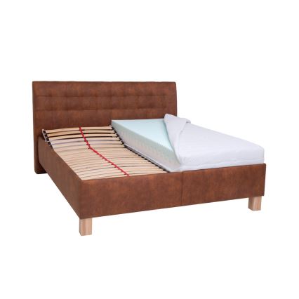 Cama tapizada con colchón y espacio de almacenamiento VIOLET 180x200 cm color marrón coñac