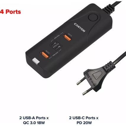 Canyon - Cargador 2xUSB A + 2xUSB C Power Delivery 20W