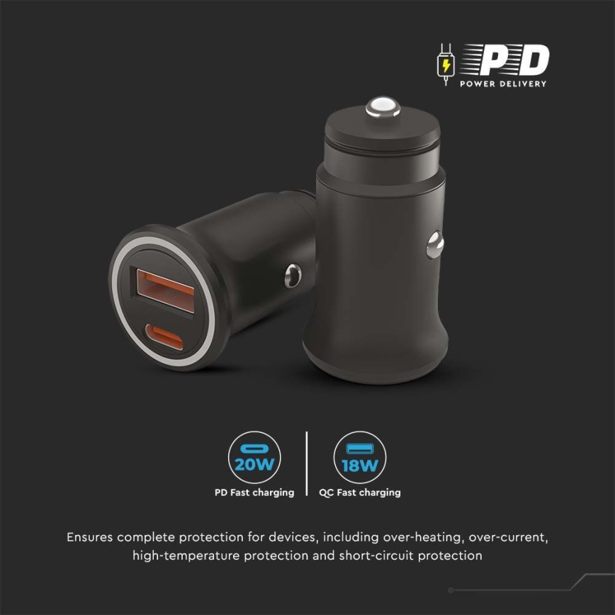 Cargador de coche Power Delivery 20W 12-24V/3A USB/C negro