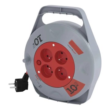 Carrete con cable de extensión de 10 m, 4 tomas, gris/rojo