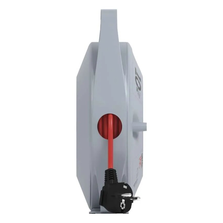 Carrete con cable de extensión de 10 m, 4 tomas, gris/rojo