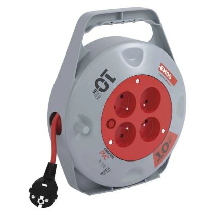 Carrete con cable de extensión de 10 m, 4 tomas, gris/rojo