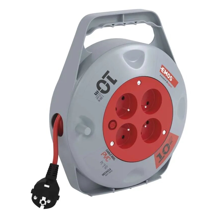 Carrete con cable de extensión de 10 m, 4 tomas, gris/rojo